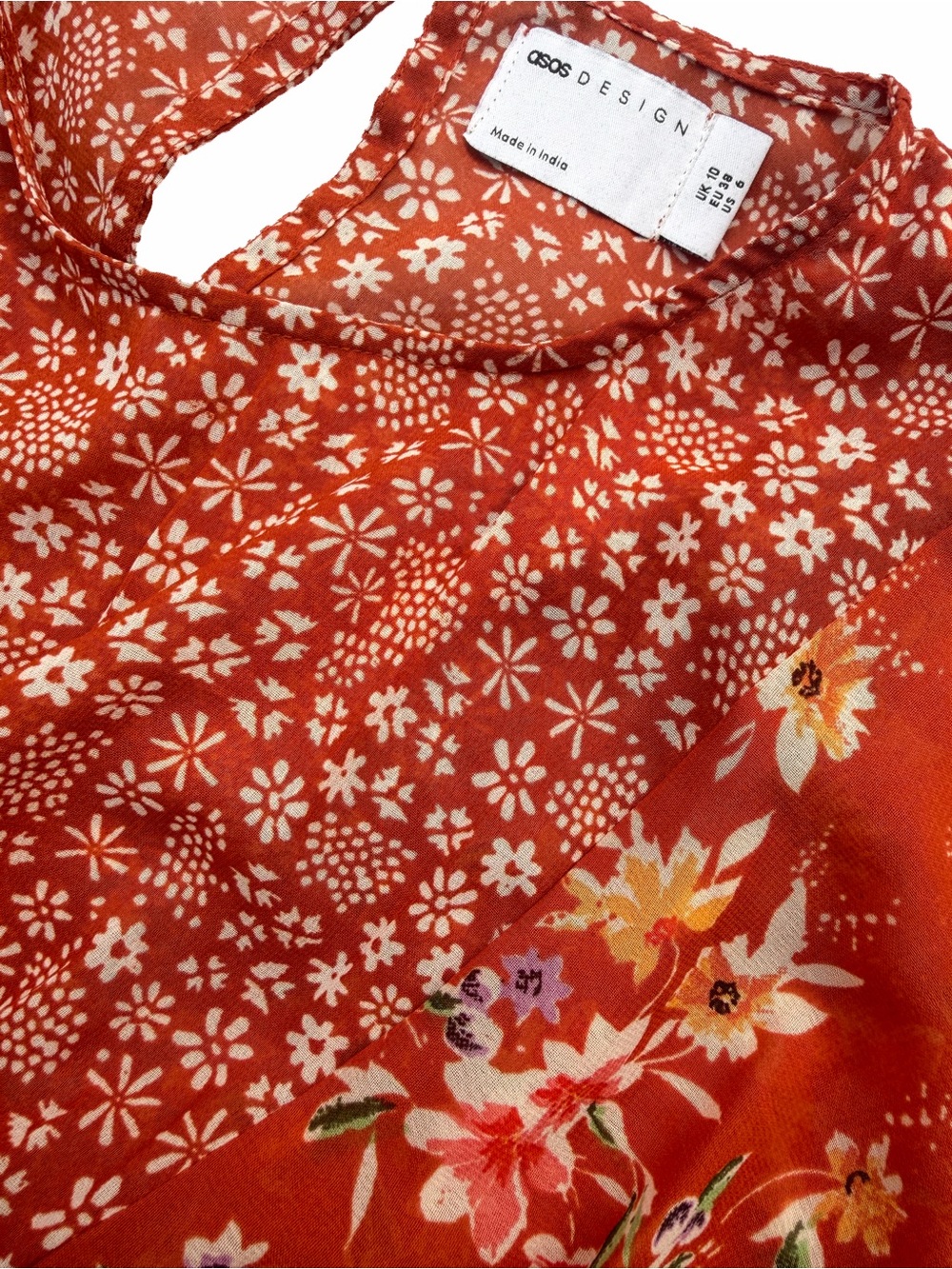 ASOS DESIGN Mixed Floral Mini Skater Dress Rust Red Boho Size 6 Womens EUC Sheer - Picture 6 of 11